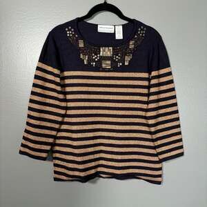 Alfred Dunner Women's Beaded Metallic Striped Knit Top - Size Petite Medium (PM)
